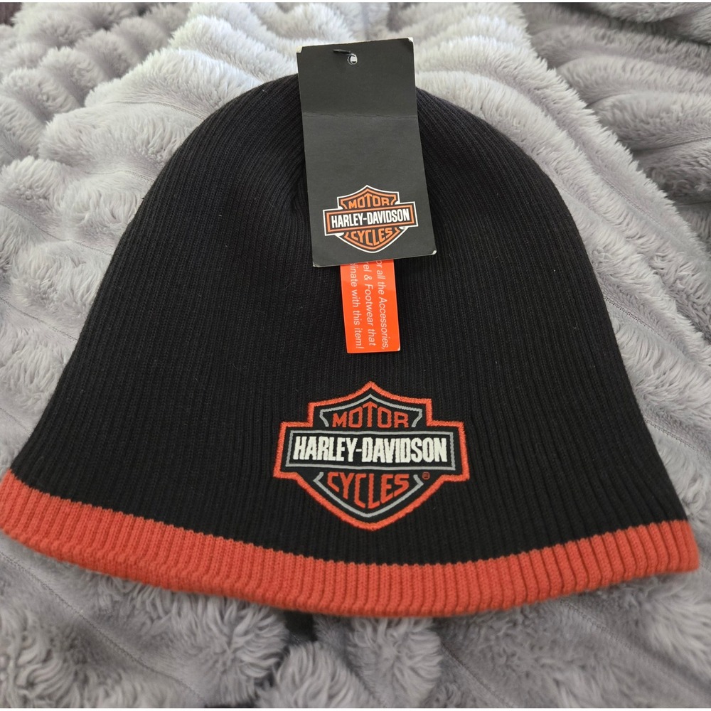 Harley-Davidson Boys Black Orange Knit Fleece Lined Beanie Hat 7283751 Size 4-14